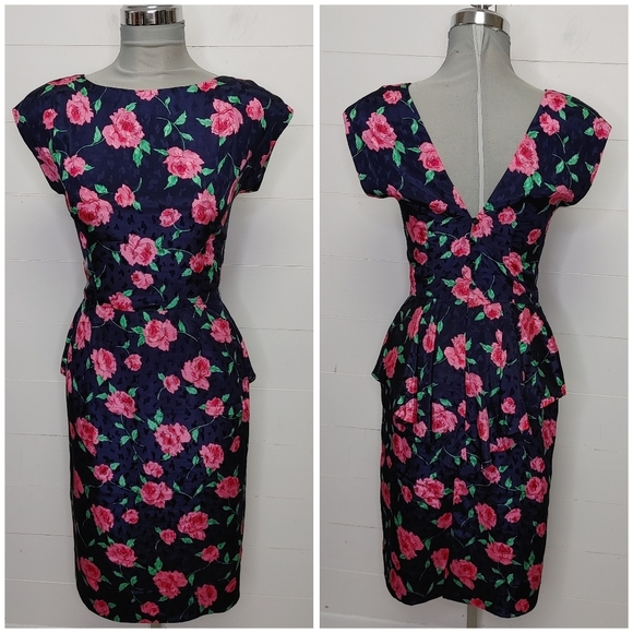 Stunning vintage satin rose print midi dress size XS - Picture 2 of 12